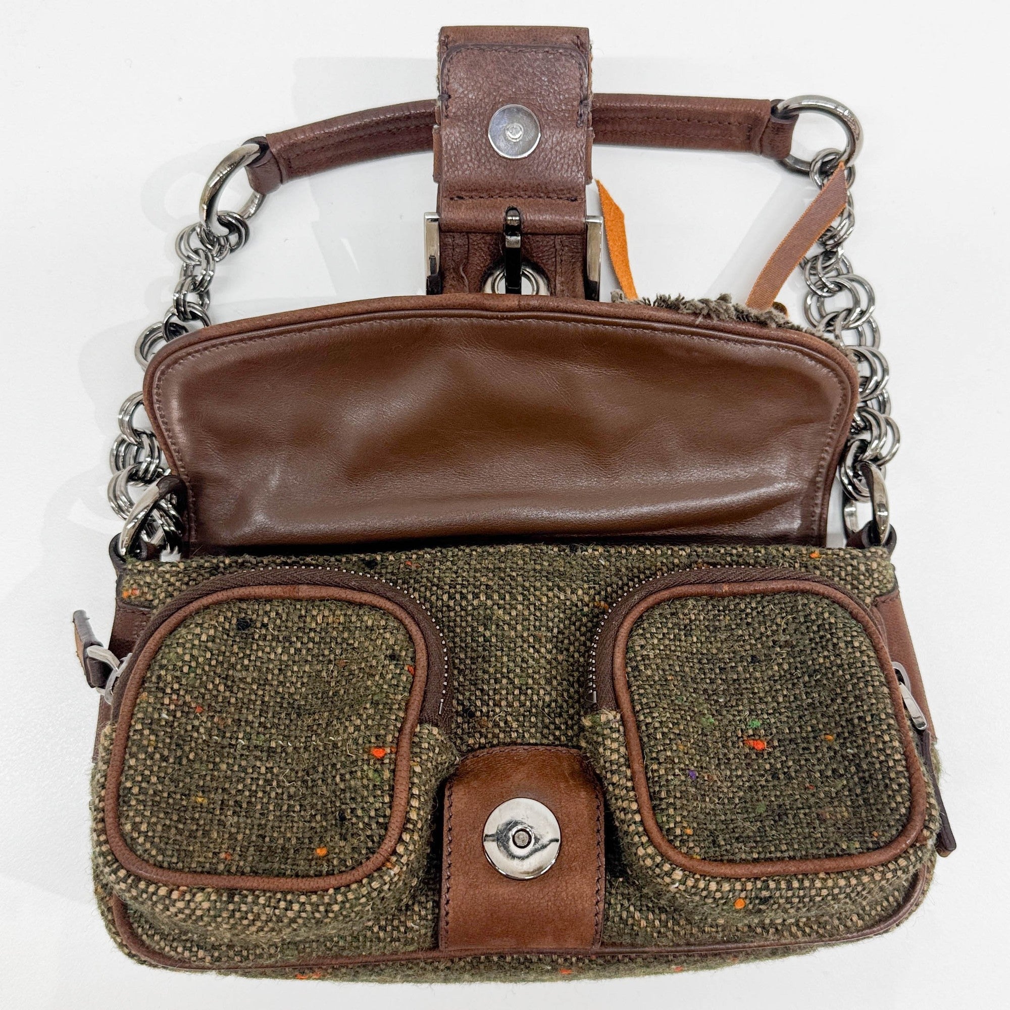 Bow Decorative Green Tweed Shoulder Bag