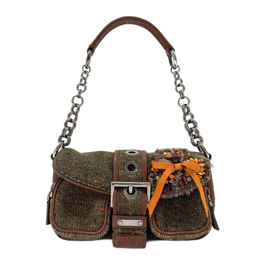 Bow Decorative Green Tweed Shoulder Bag