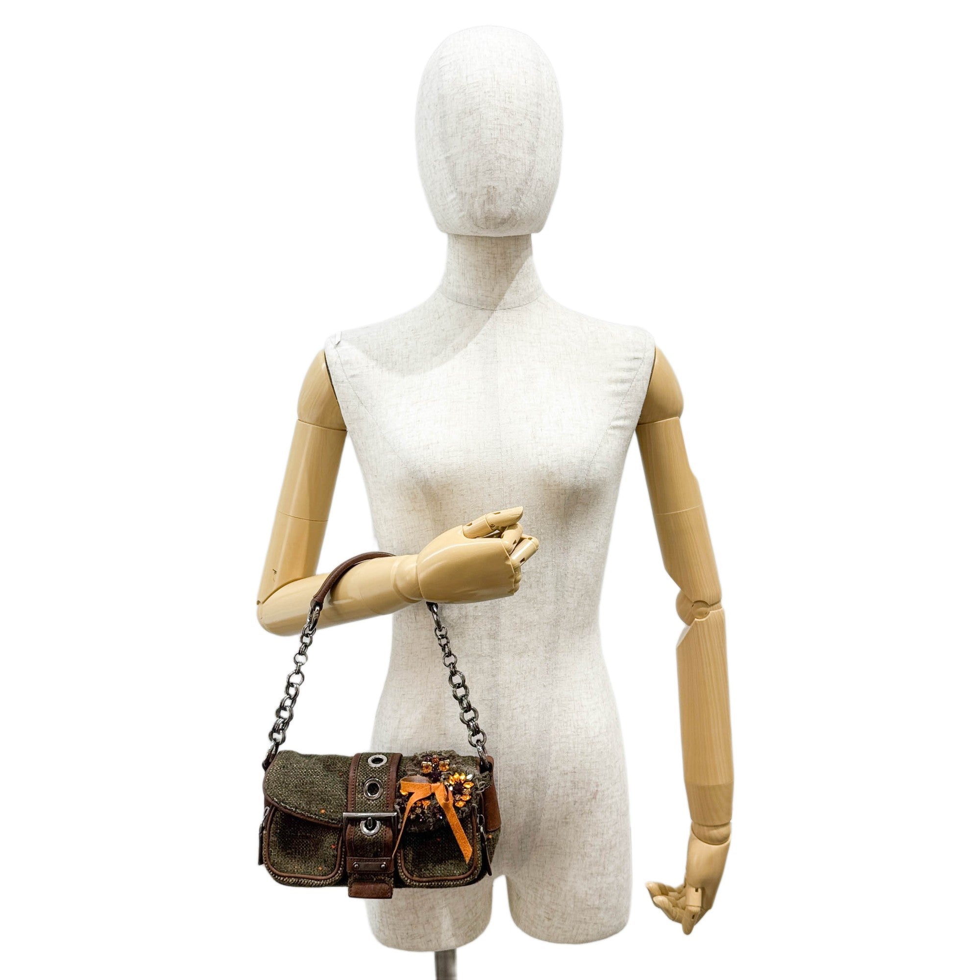 Bow Decorative Green Tweed Shoulder Bag