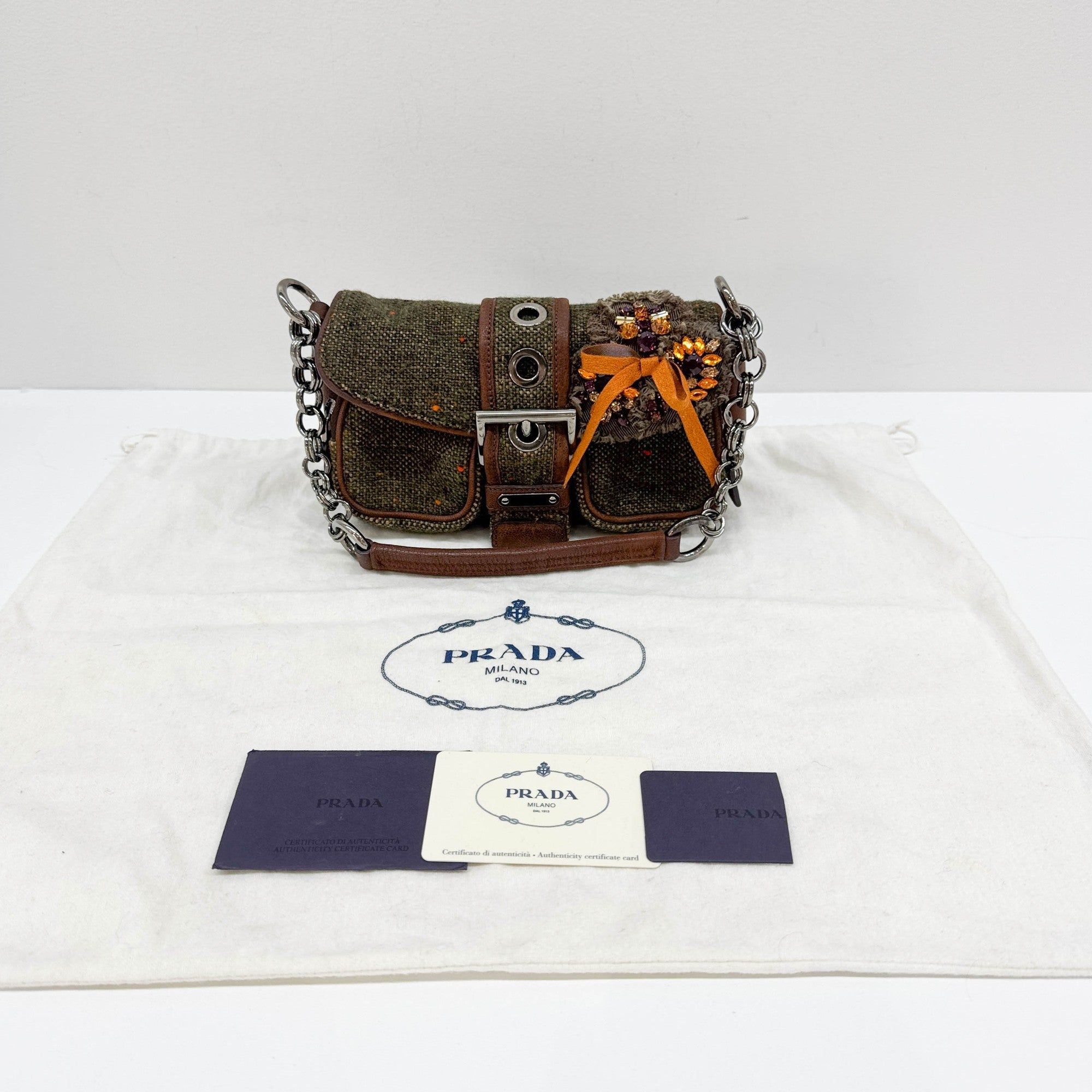 Bow Decorative Green Tweed Shoulder Bag