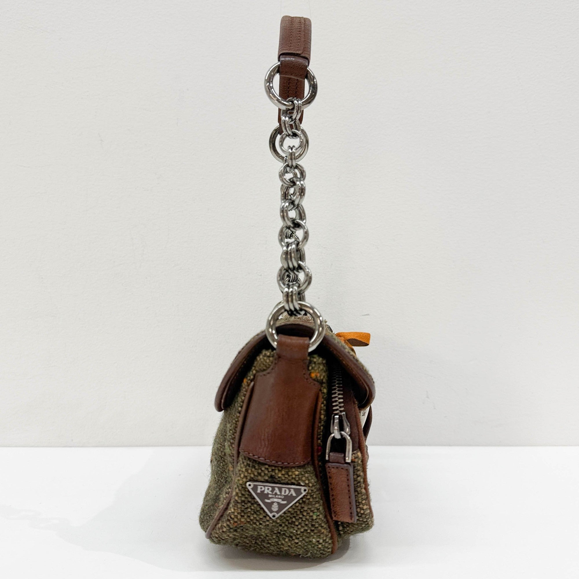 Bow Decorative Green Tweed Shoulder Bag