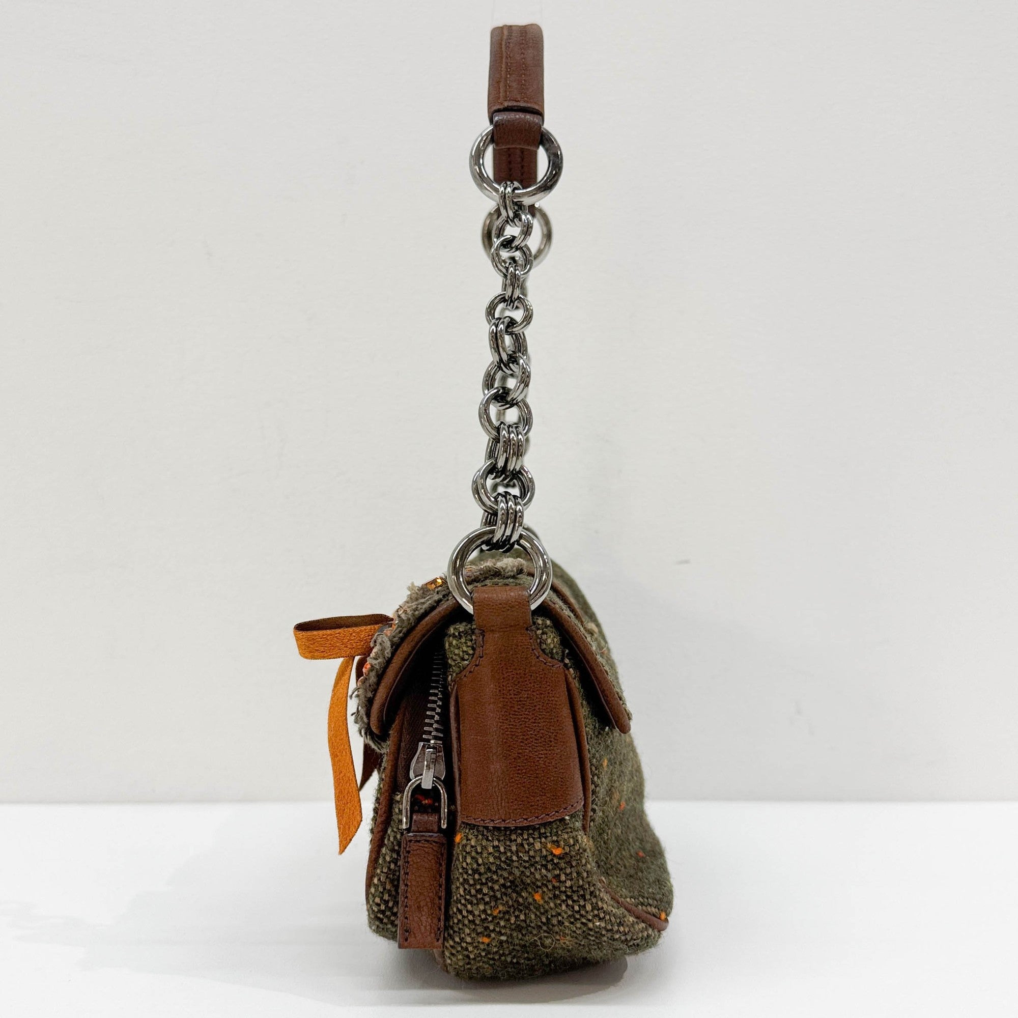 Bow Decorative Green Tweed Shoulder Bag