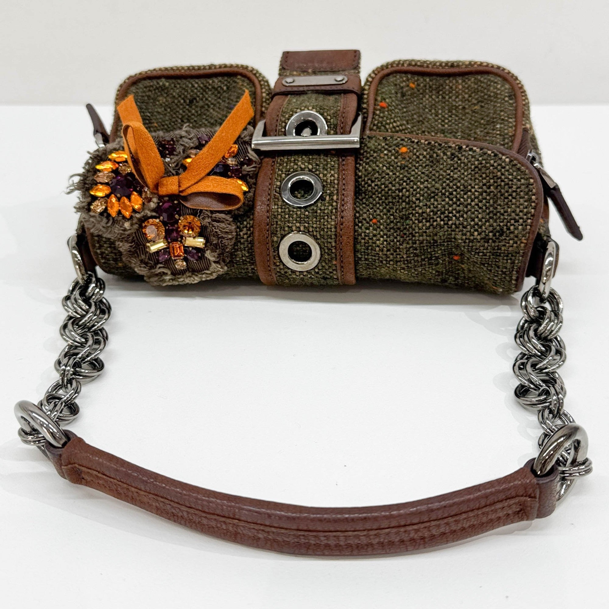 Bow Decorative Green Tweed Shoulder Bag