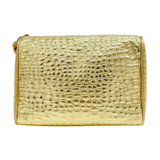 Gold Crocodile Embossed Leather Clutch Bag