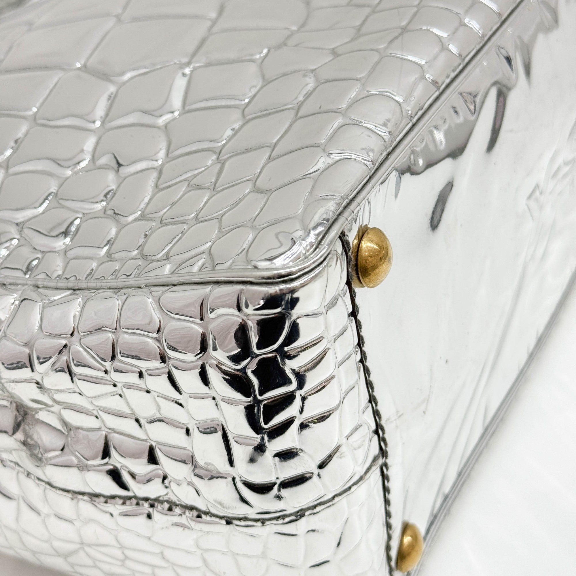 Silver Crocodile Embossed Leather Tote Bag