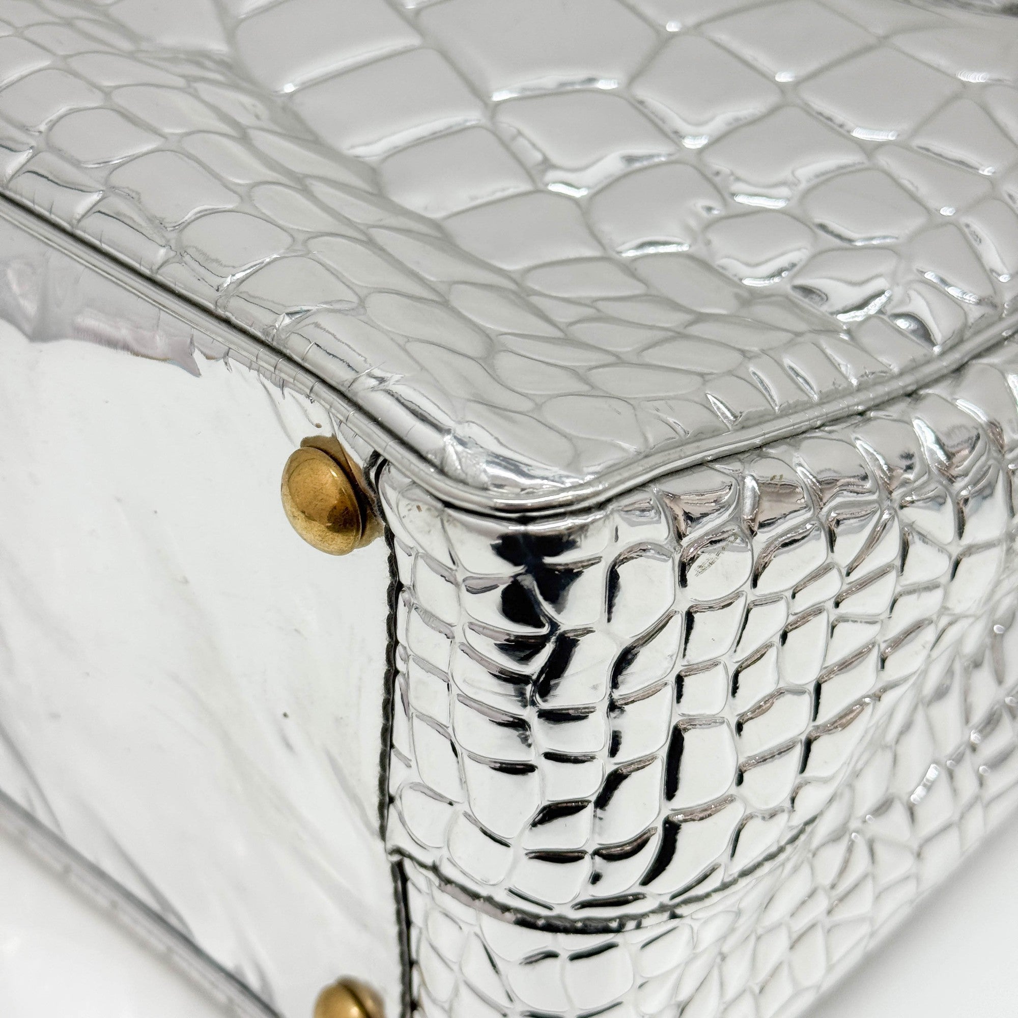 Silver Crocodile Embossed Leather Tote Bag