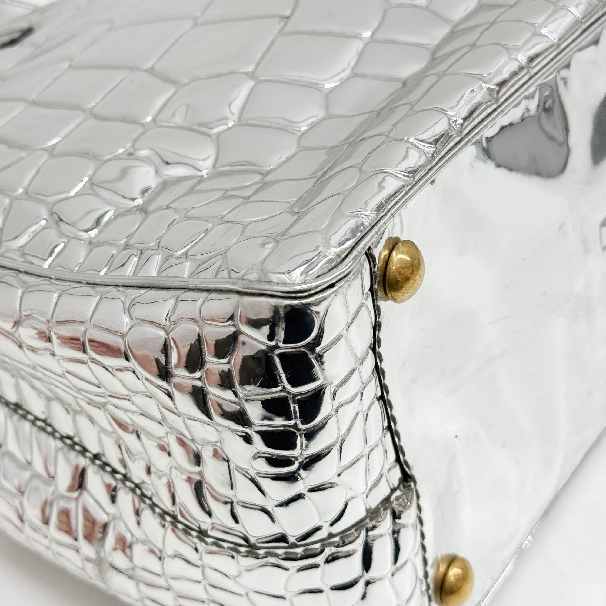 Silver Crocodile Embossed Leather Tote Bag