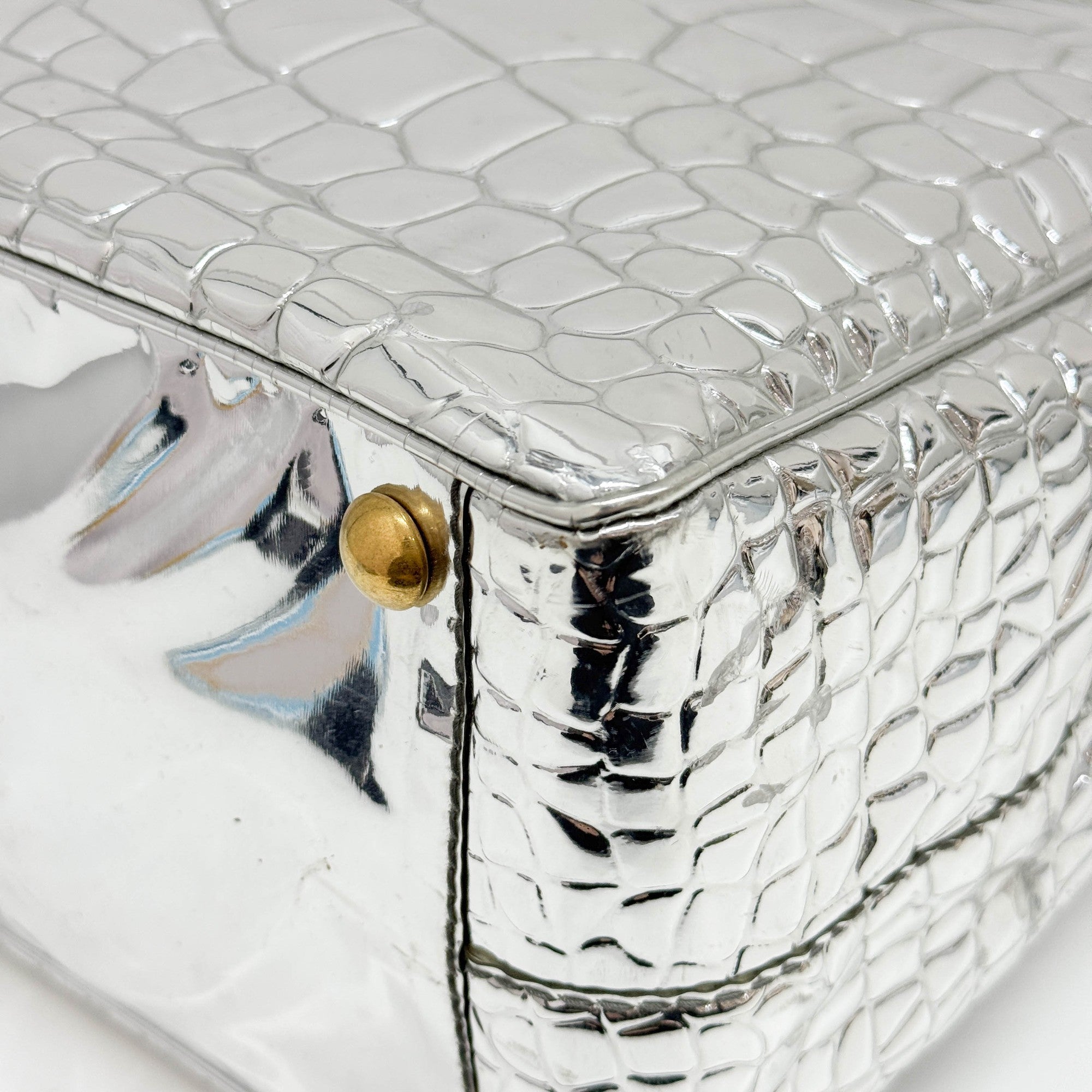 Silver Crocodile Embossed Leather Tote Bag