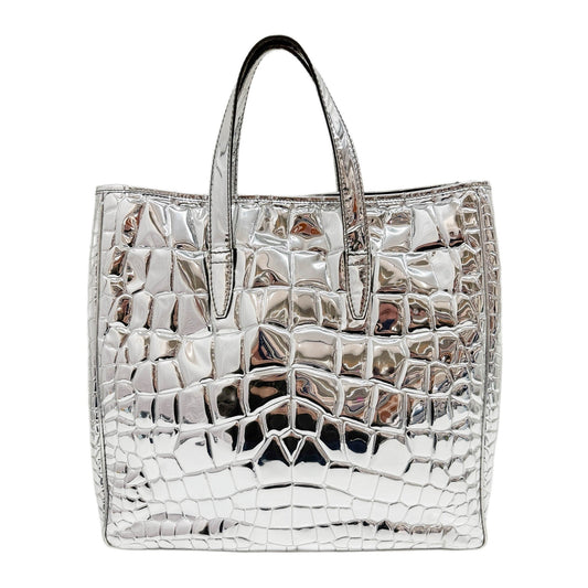 Silver Crocodile Embossed Leather Tote Bag