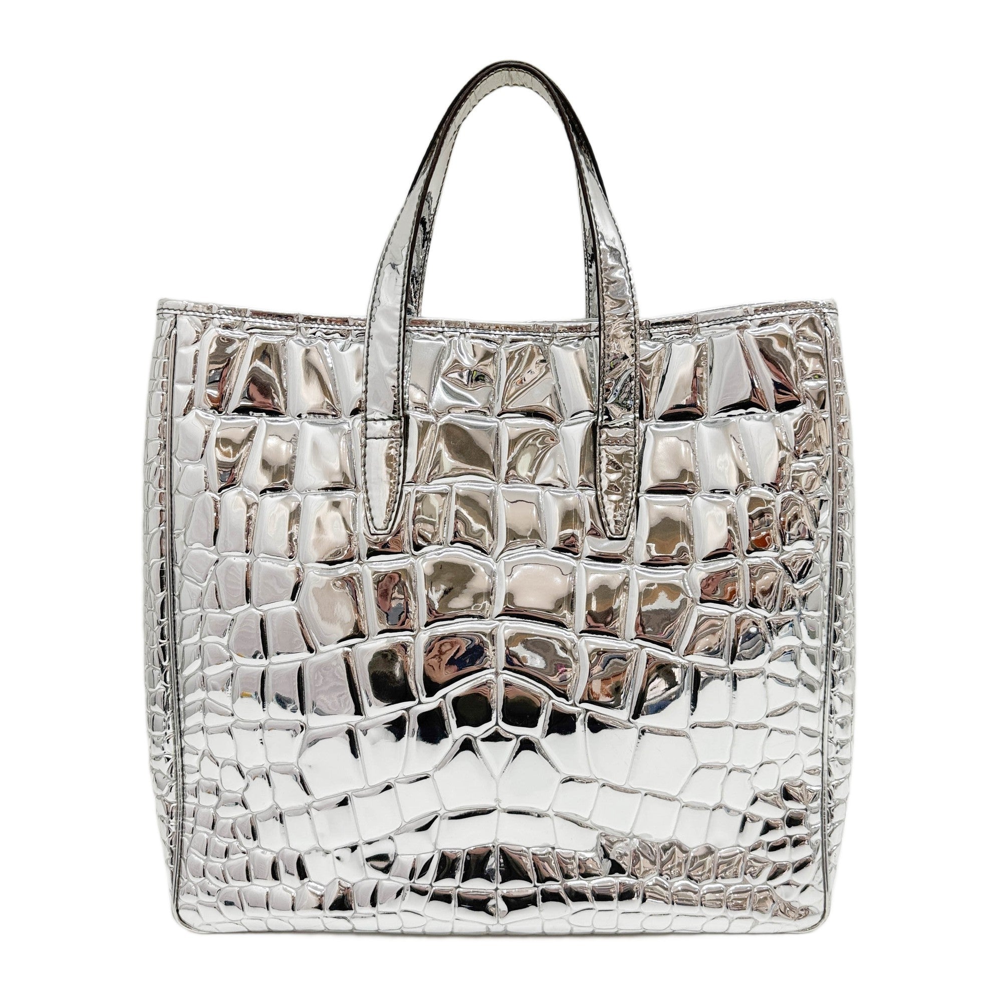 Silver Crocodile Embossed Leather Tote Bag