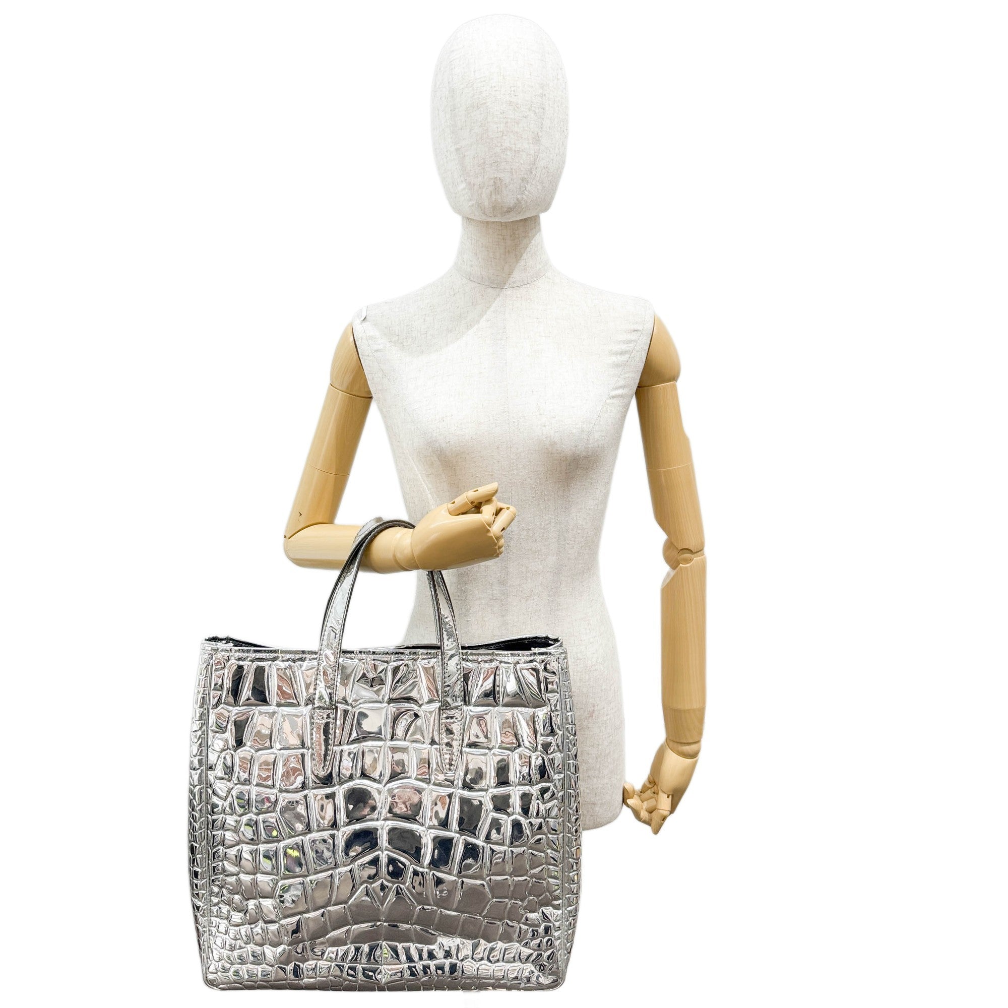 Silver Crocodile Embossed Leather Tote Bag