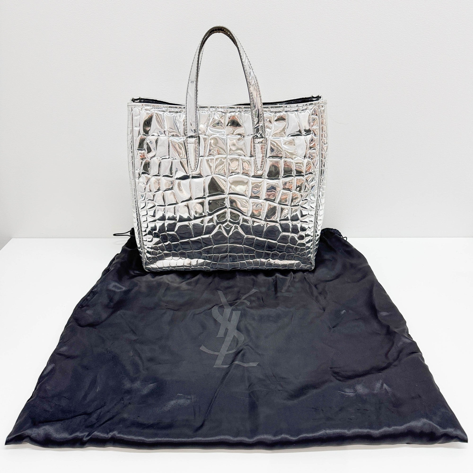 Silver Crocodile Embossed Leather Tote Bag