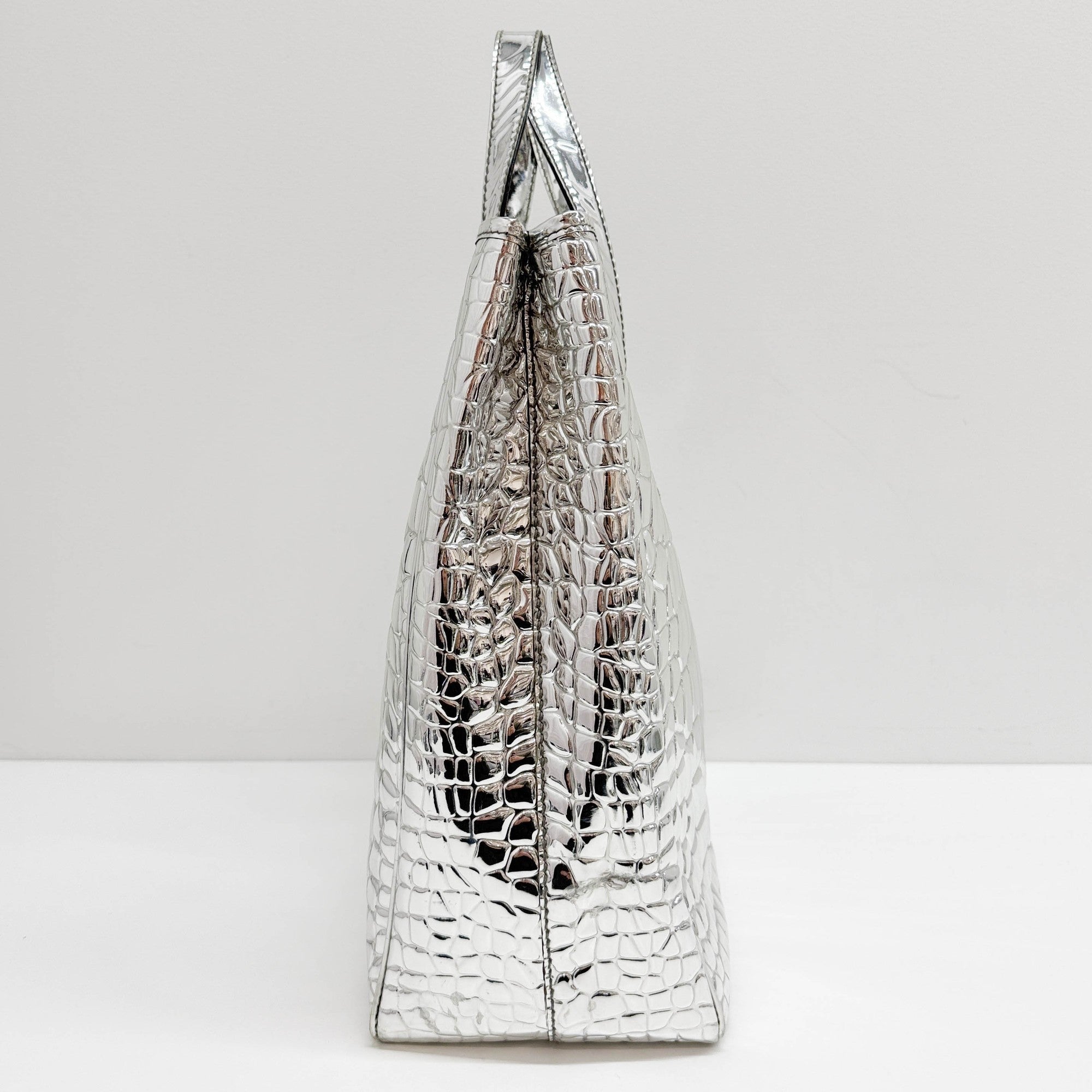 Silver Crocodile Embossed Leather Tote Bag