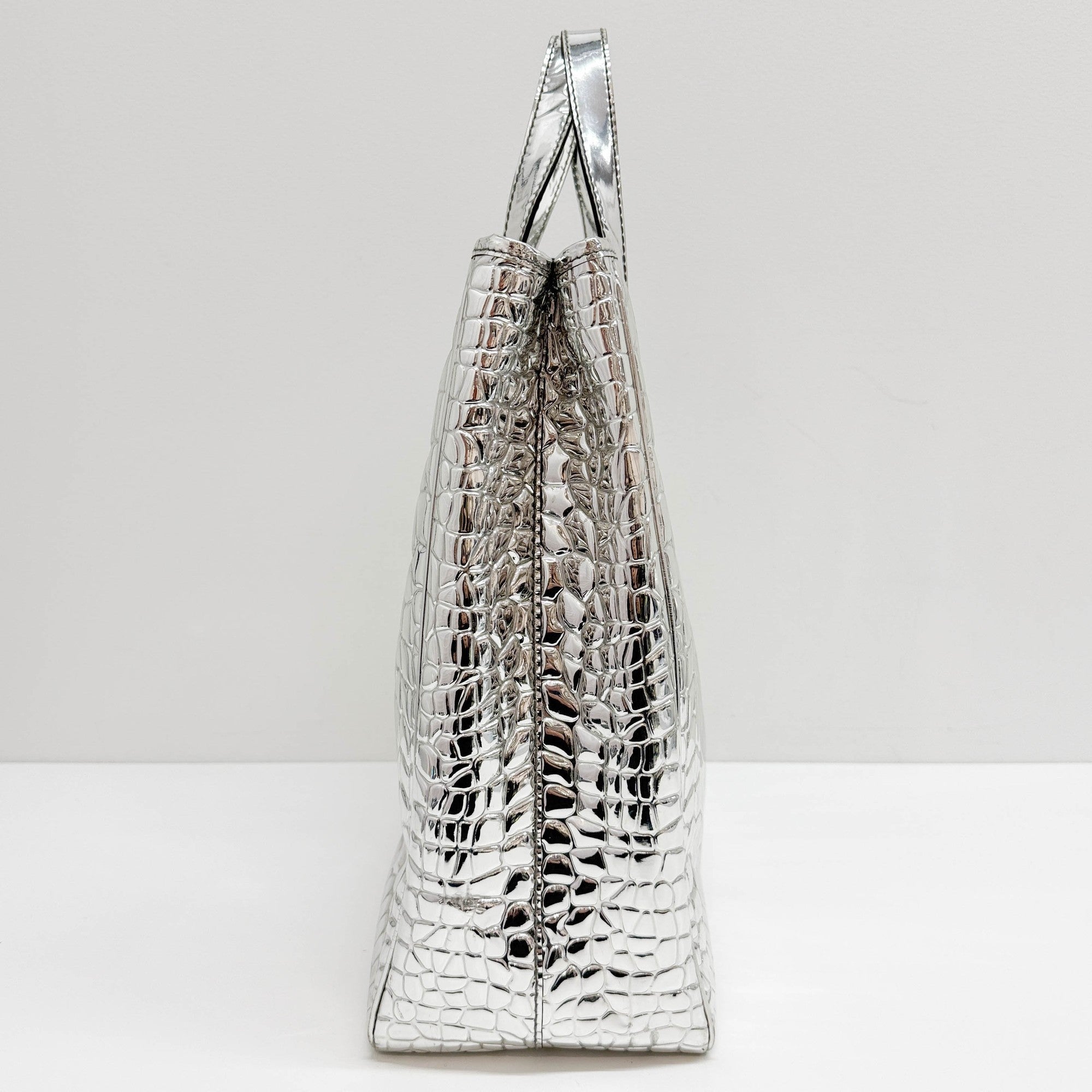 Silver Crocodile Embossed Leather Tote Bag
