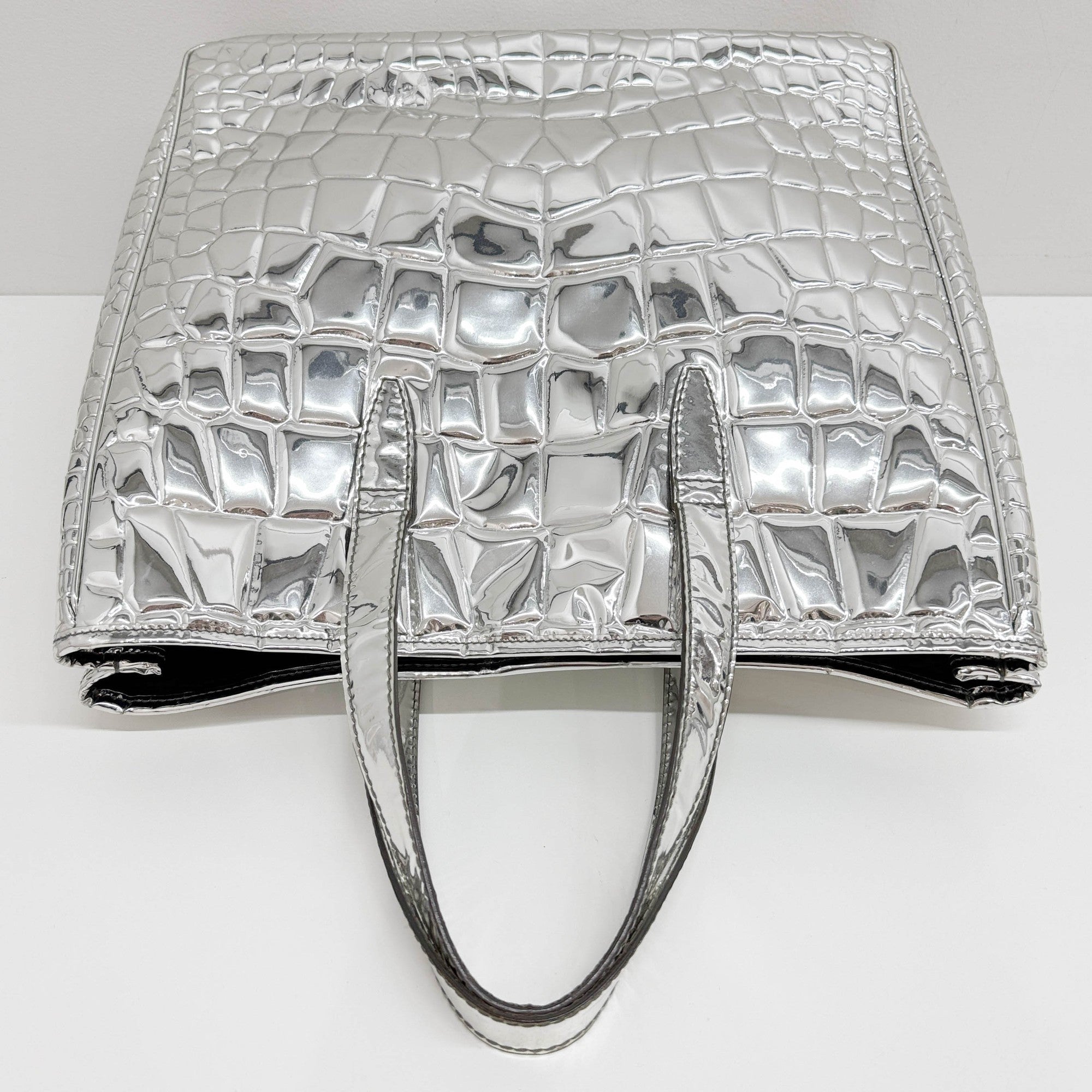Silver Crocodile Embossed Leather Tote Bag