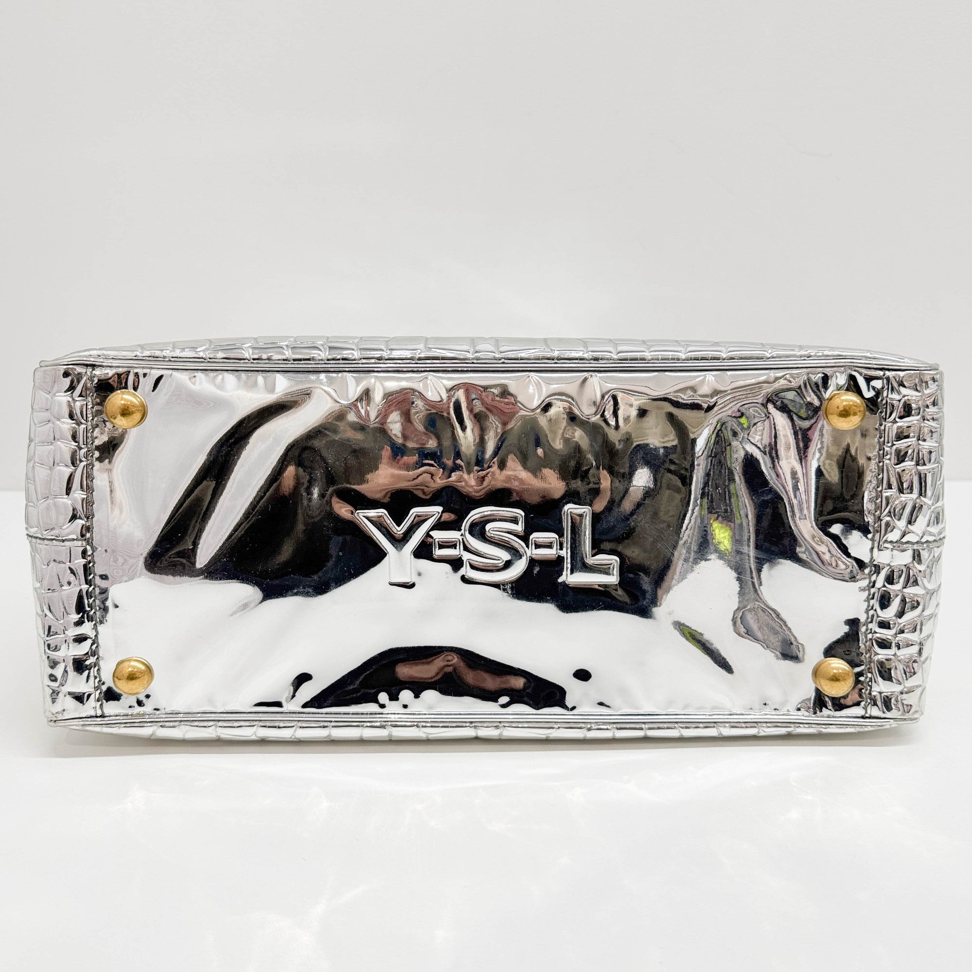 Silver Crocodile Embossed Leather Tote Bag