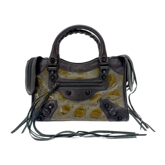 Mini City Olive Alligator Embossed Leather Two Way Bag