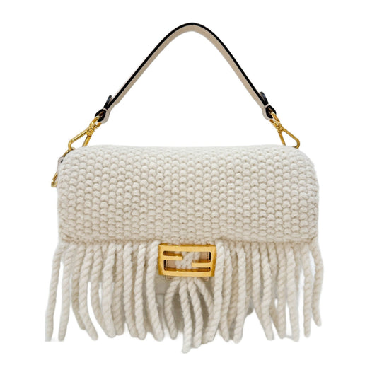 Baguette Knitted White Wool Two Way Bag