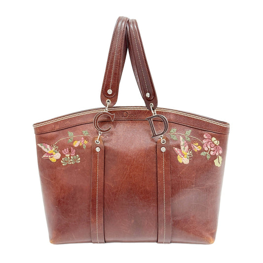 Butterfly Embroidered Brown Leather Tote Bag