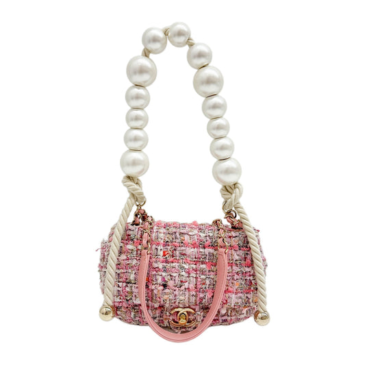 Mini Classic Flap By the Sea Pink Pearl Handle Pink Tweed Shoulder Bag
