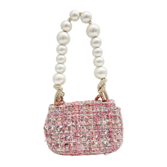 Mini Classic Flap By the Sea Pink Pearl Handle Pink Tweed Shoulder Bag