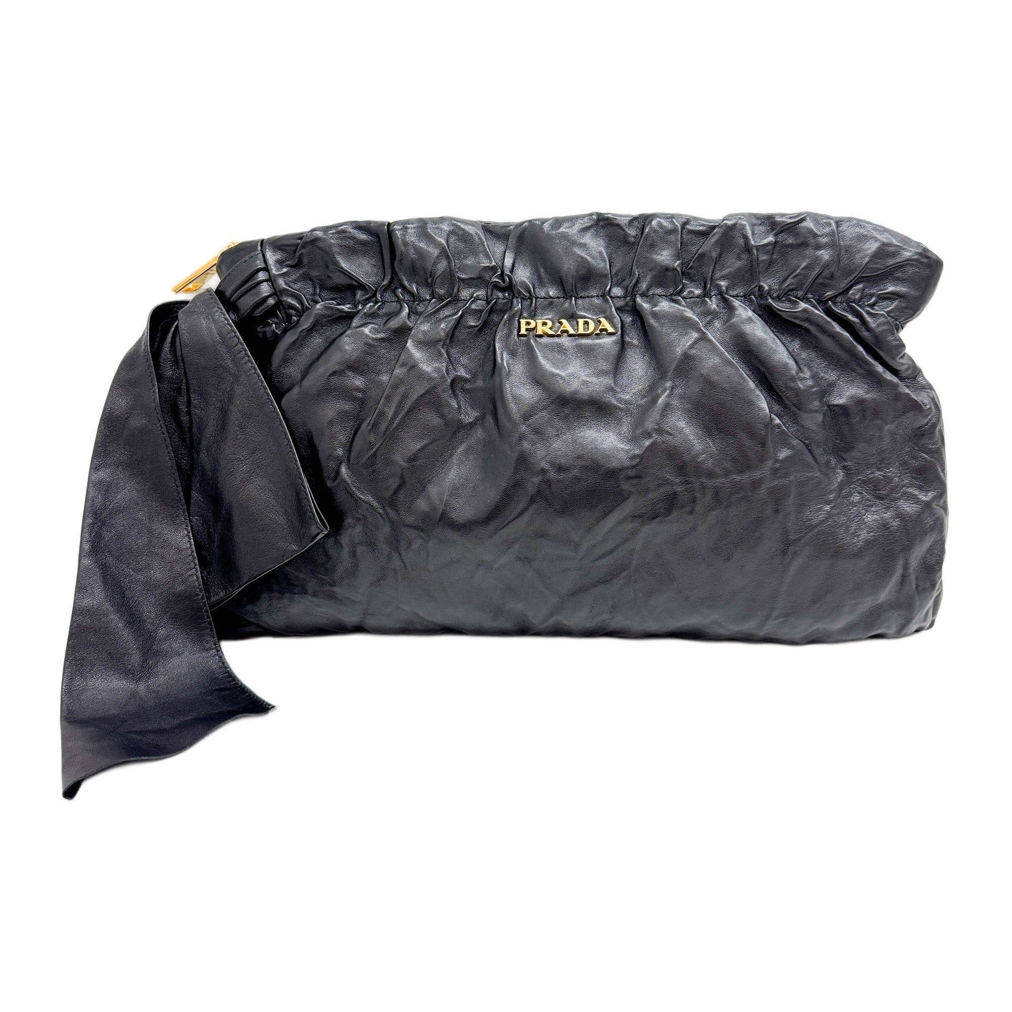 Bow Black Leather Clutch Bag