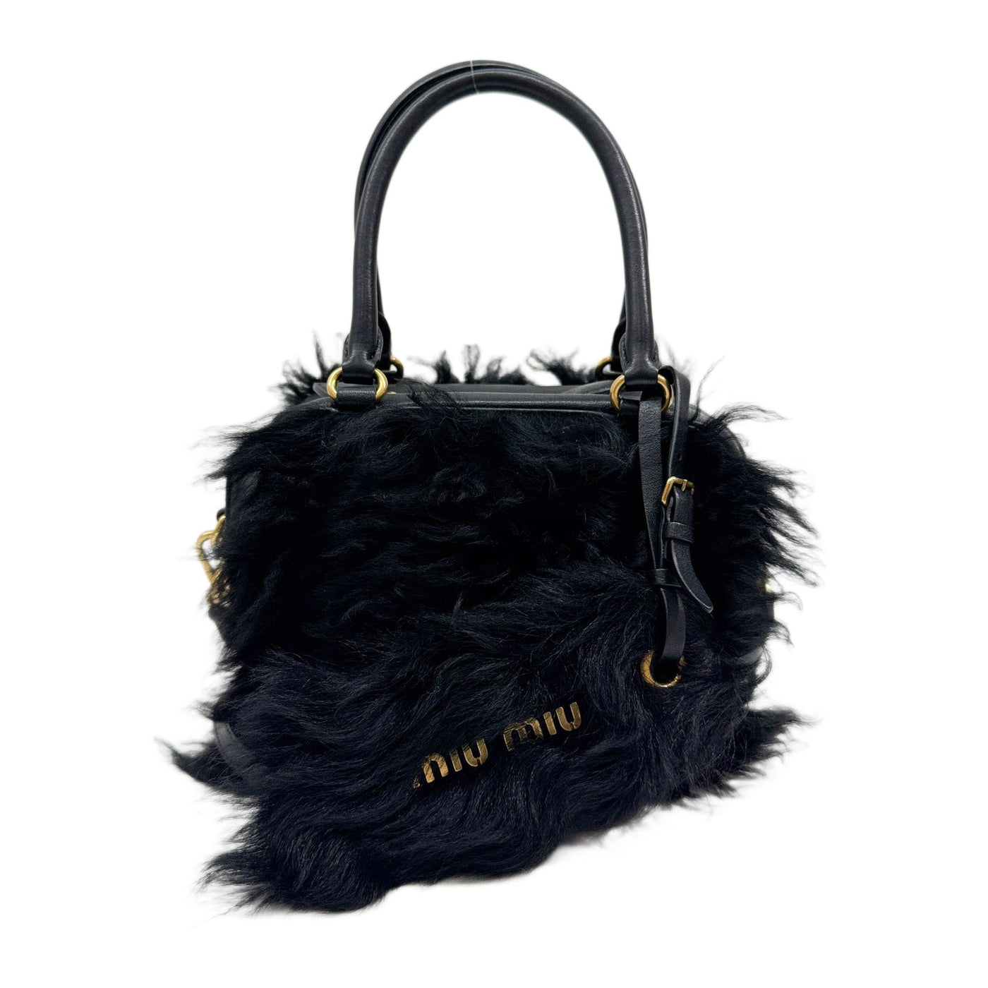 Zipped Top Black Shearling Two-Way Bag