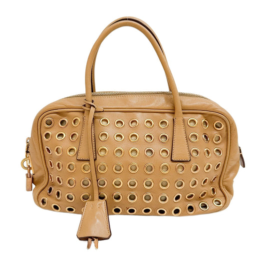 Grommet Embellished Tan Leather Hand Bag