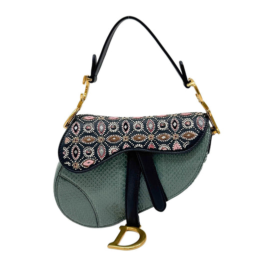 Mini Saddle Embroidered Flap Green Python Embossed Leather Shoulder Bag