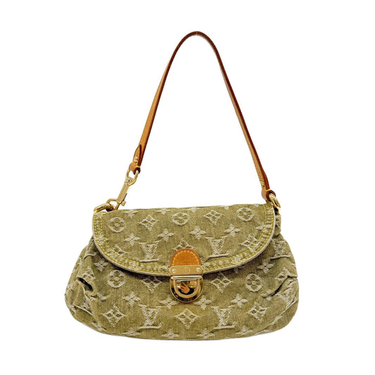 Pleaty Green Monogram Denim Shoulder Bag
