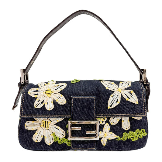 Baguette Floral Raffia Embroidered Navy Denim Shoulder Bag