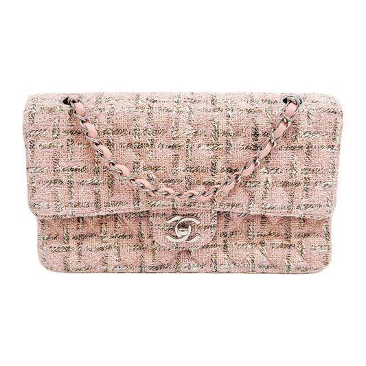 Classic Double Flap Matelasse Pink Tweed Shoulder Bag