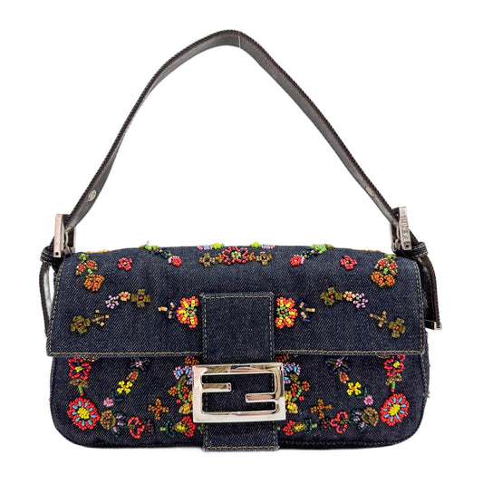 Baguette Floral Beaded Navy Denim Shoulder Bag