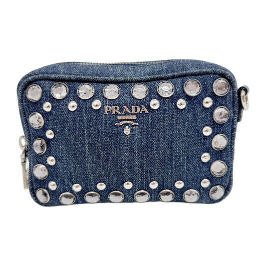 Small Rhinestone and Stud Embellished Blue Denim Crossbody Bag
