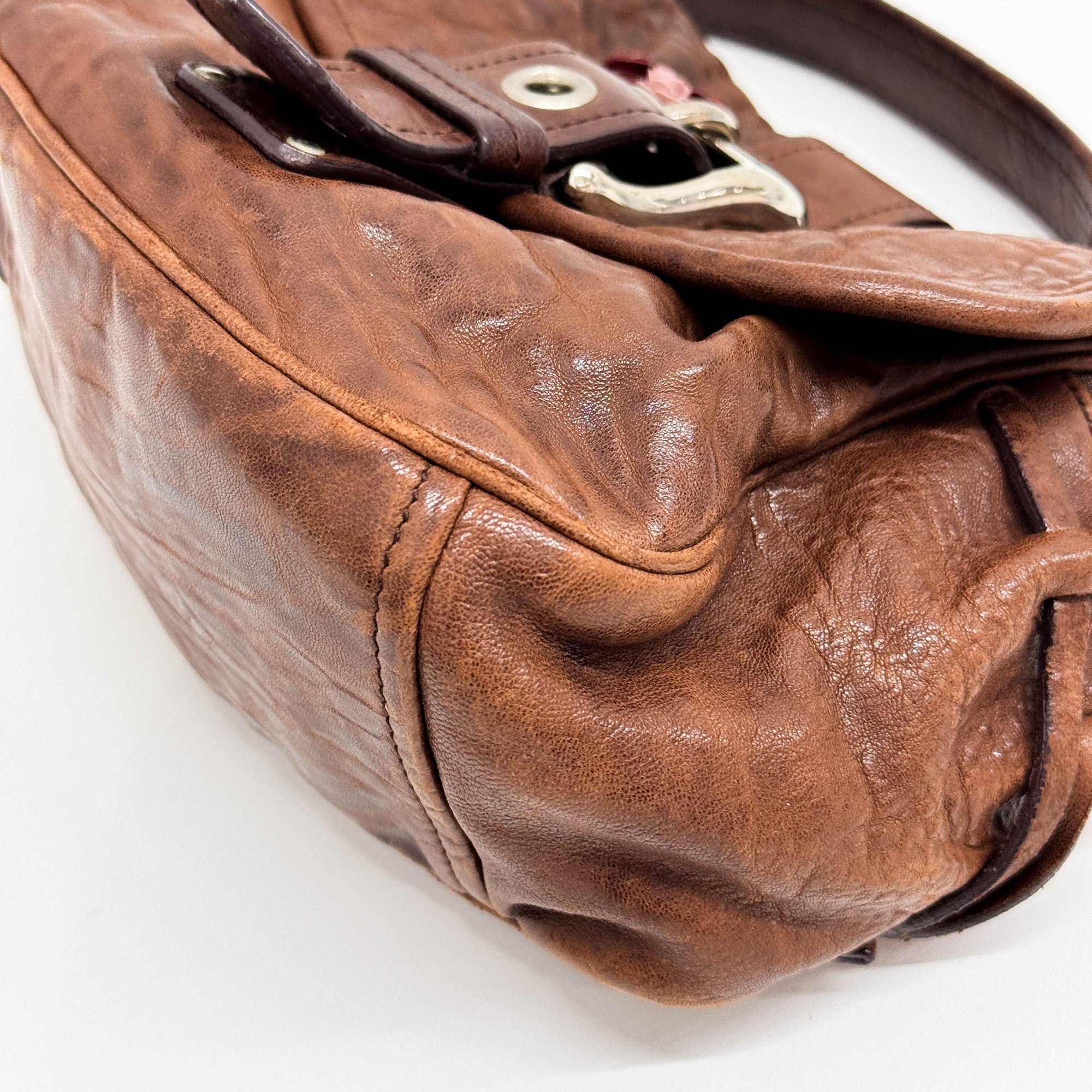 Rose Buckle Brown Leather Shoulder Bag