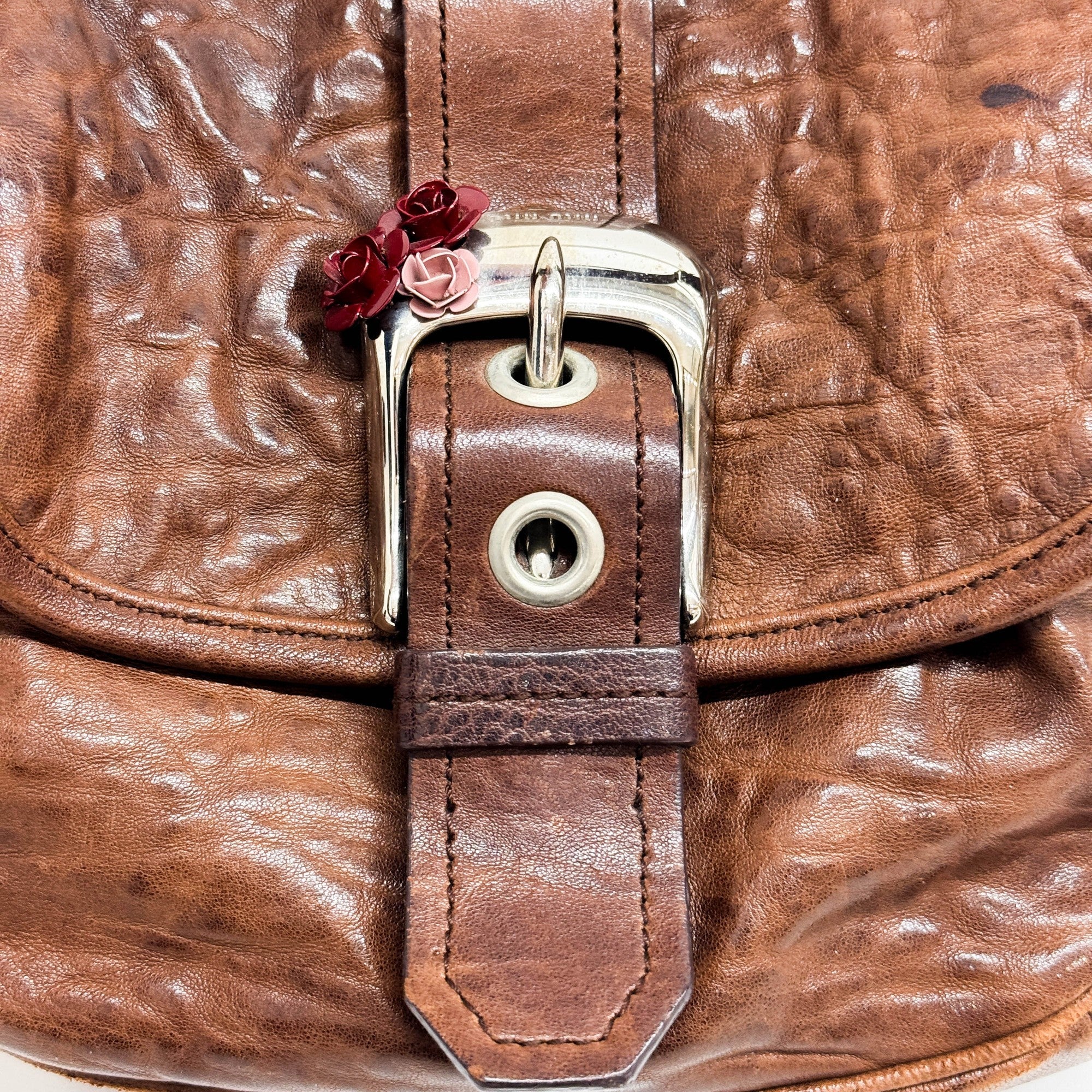 Rose Buckle Brown Leather Shoulder Bag