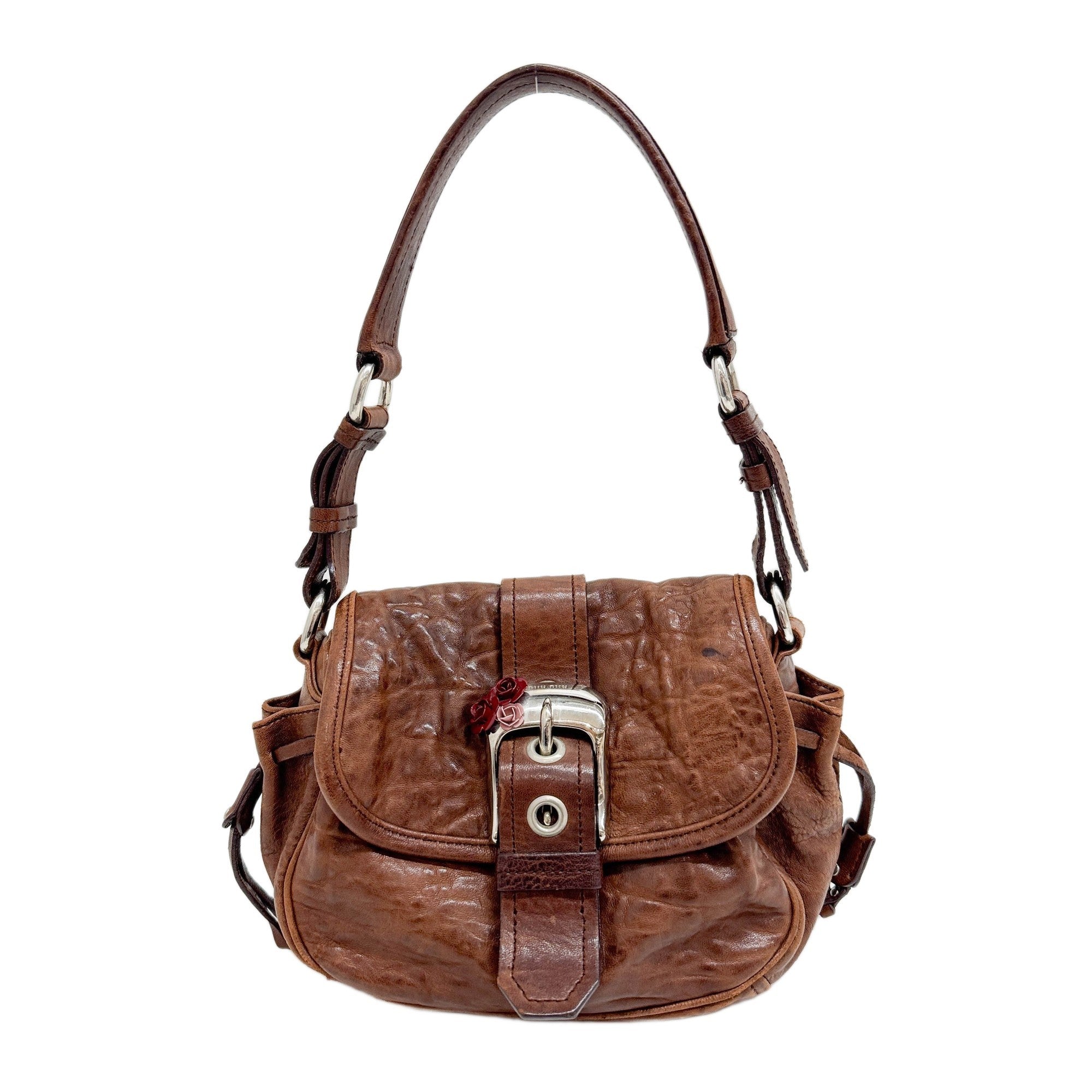 Rose Buckle Brown Leather Shoulder Bag
