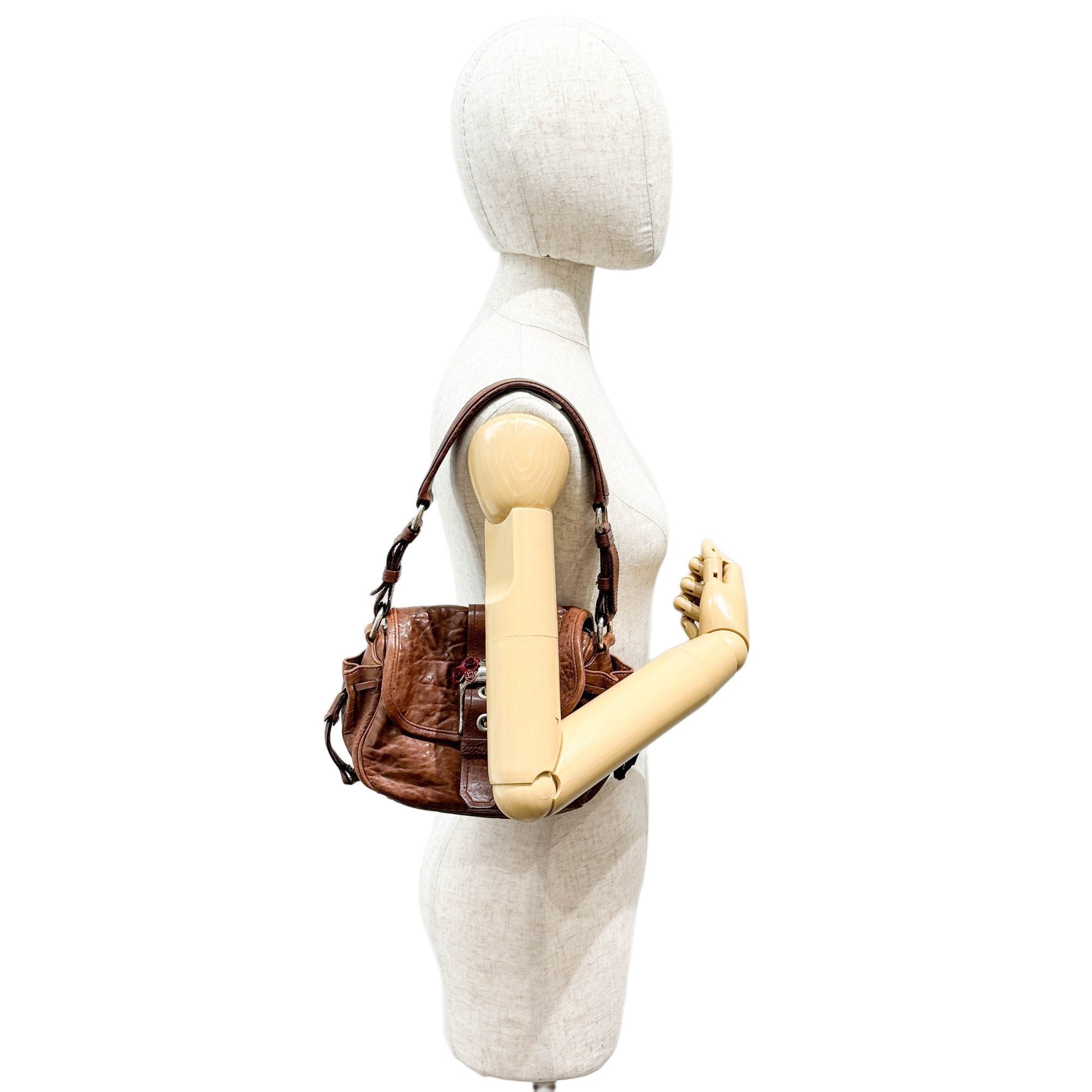 Rose Buckle Brown Leather Shoulder Bag