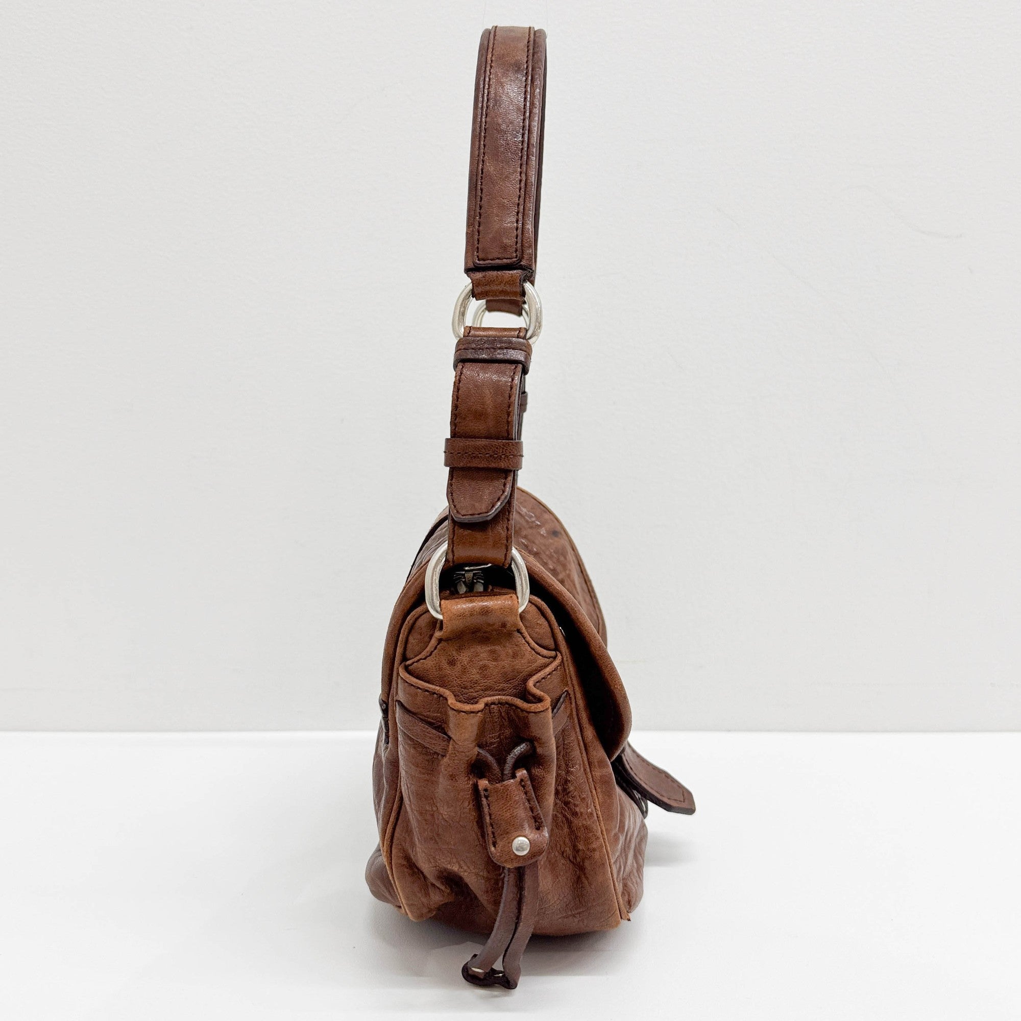 Rose Buckle Brown Leather Shoulder Bag