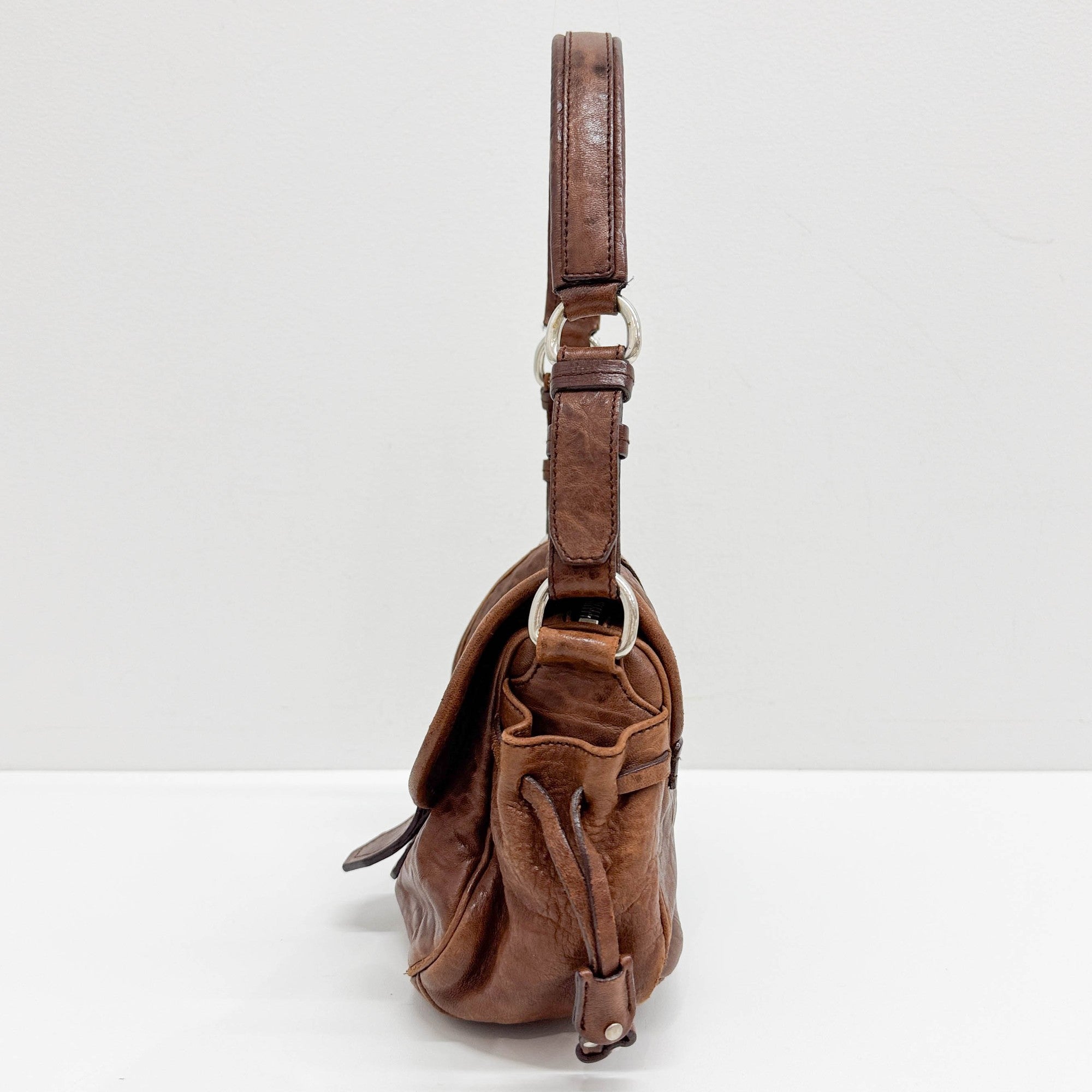 Rose Buckle Brown Leather Shoulder Bag