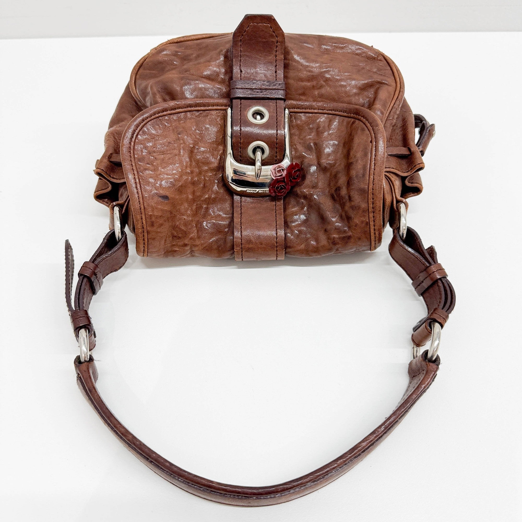Rose Buckle Brown Leather Shoulder Bag