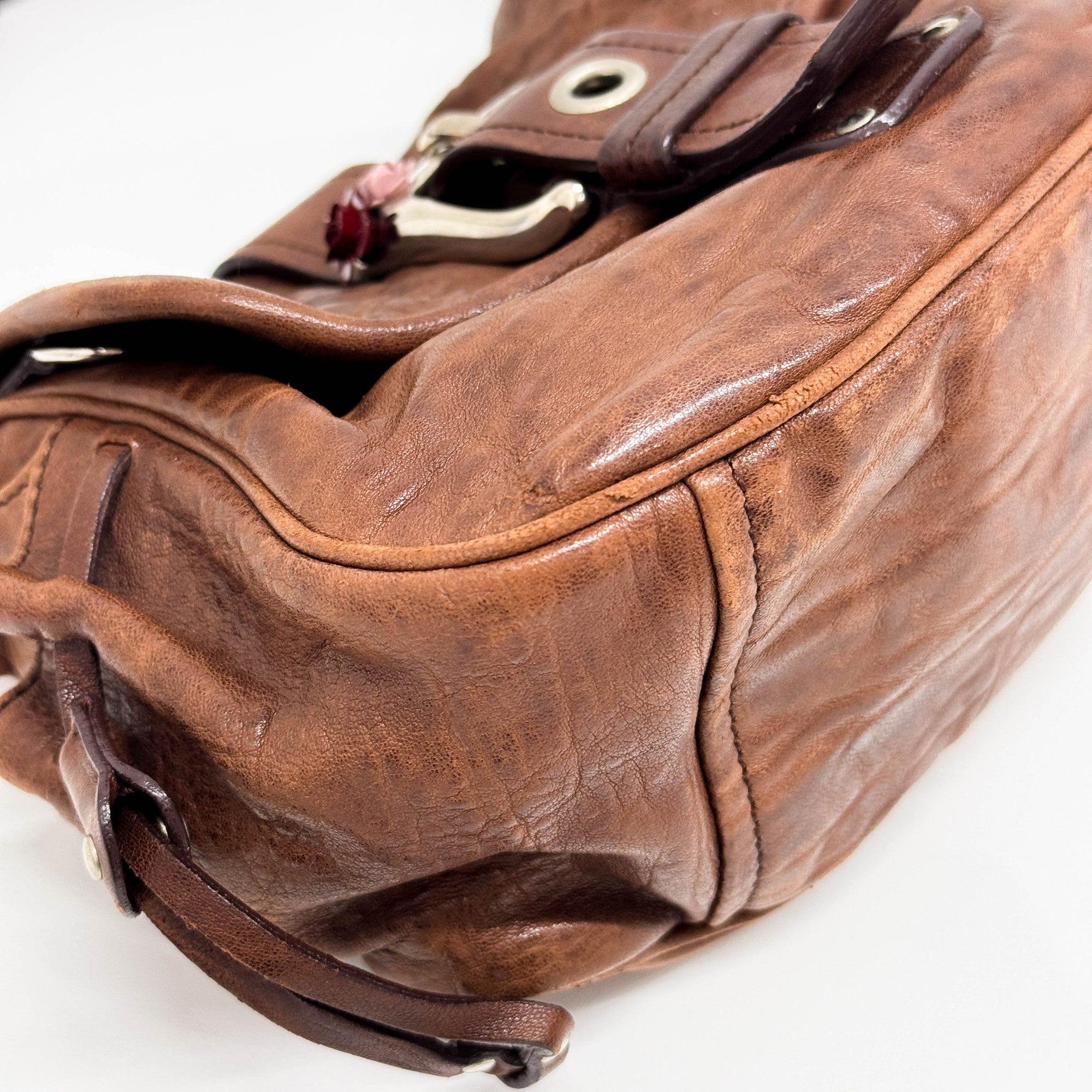 Rose Buckle Brown Leather Shoulder Bag