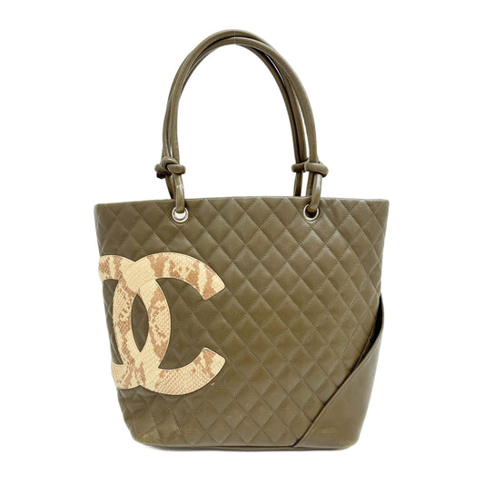 Large Cambon Python Logo Olive Green Lambskin Leather Tote Bag