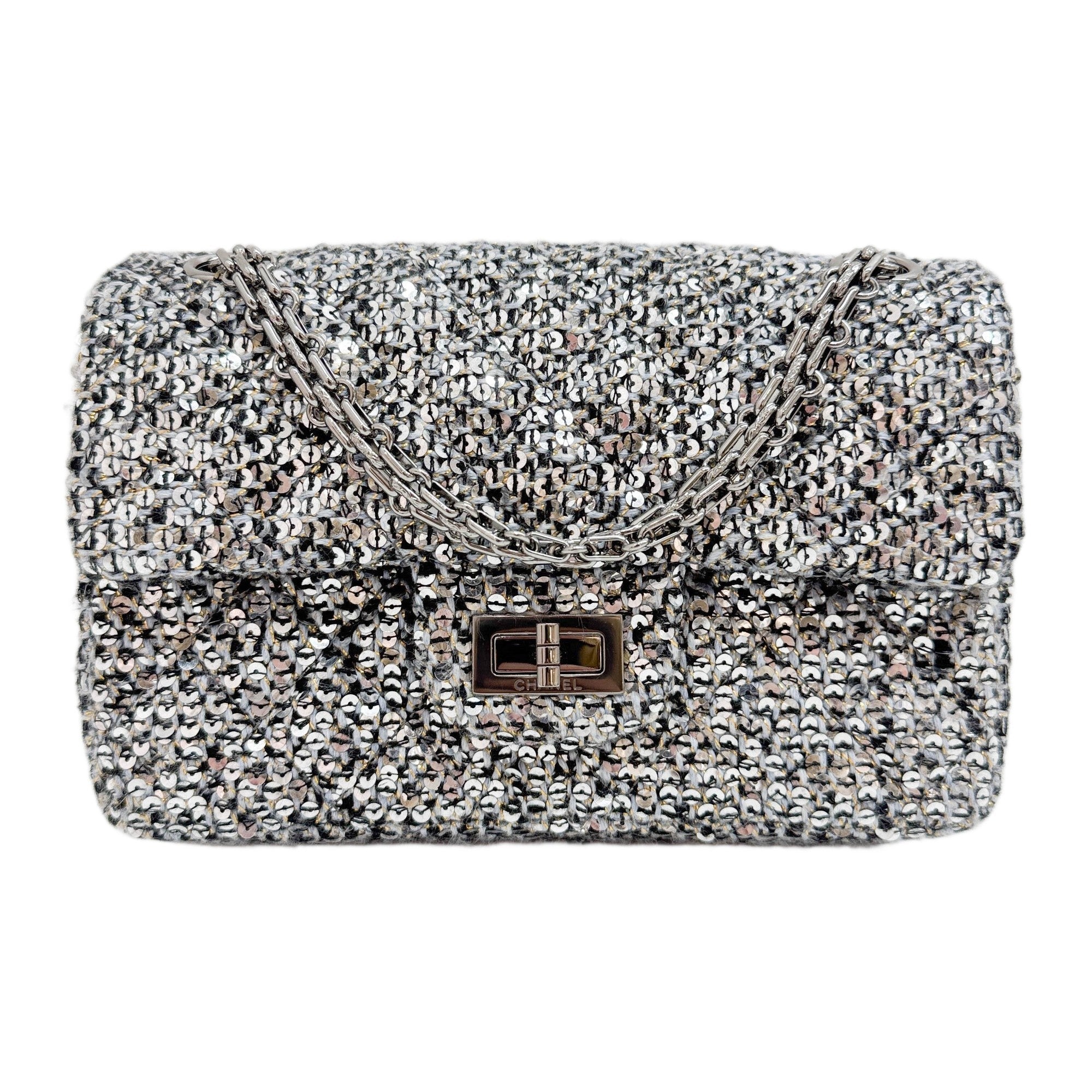 Mini 2.55 2020 Matelasse Silver & Black Sequined Tweed Shoulder Bag