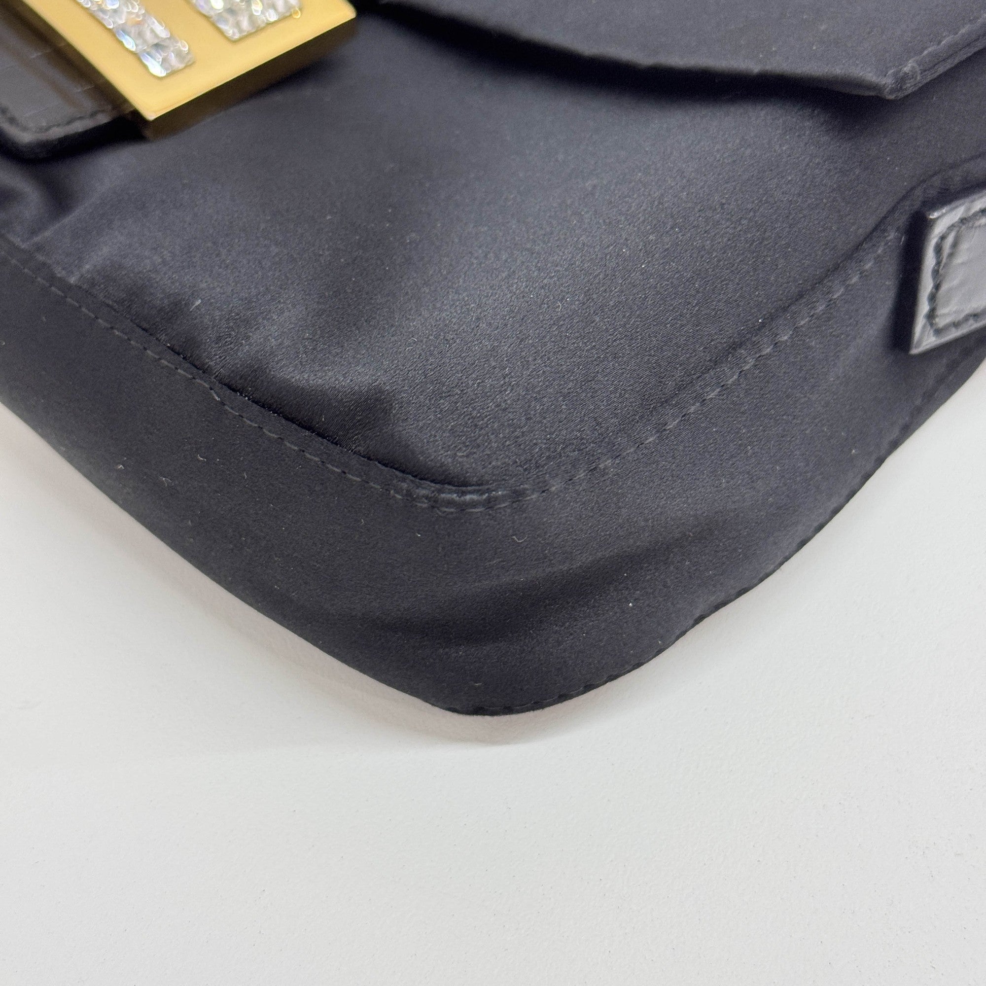 Baguette Rhinestone Buckle Black Satin Shoulder Bag