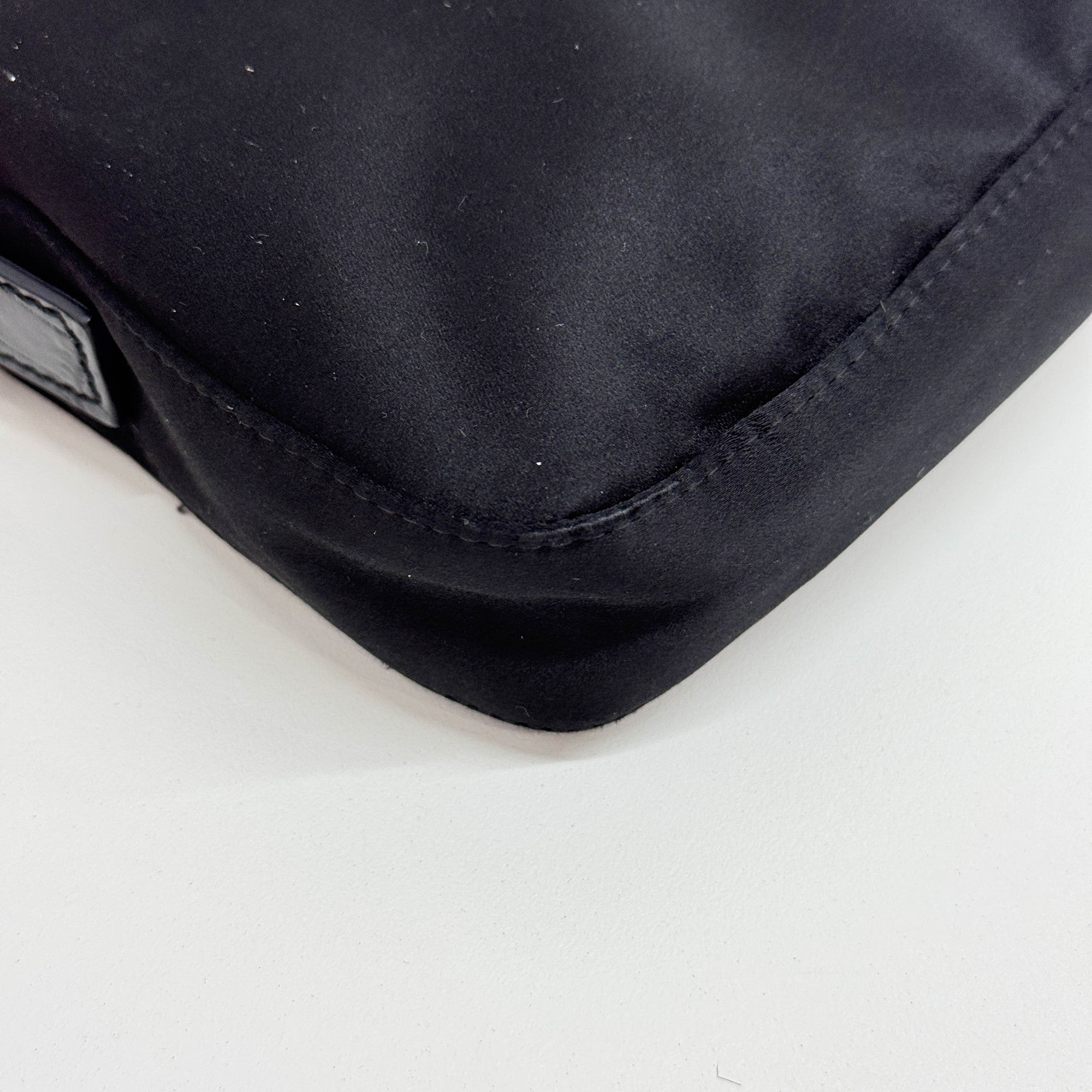 Baguette Rhinestone Buckle Black Satin Shoulder Bag