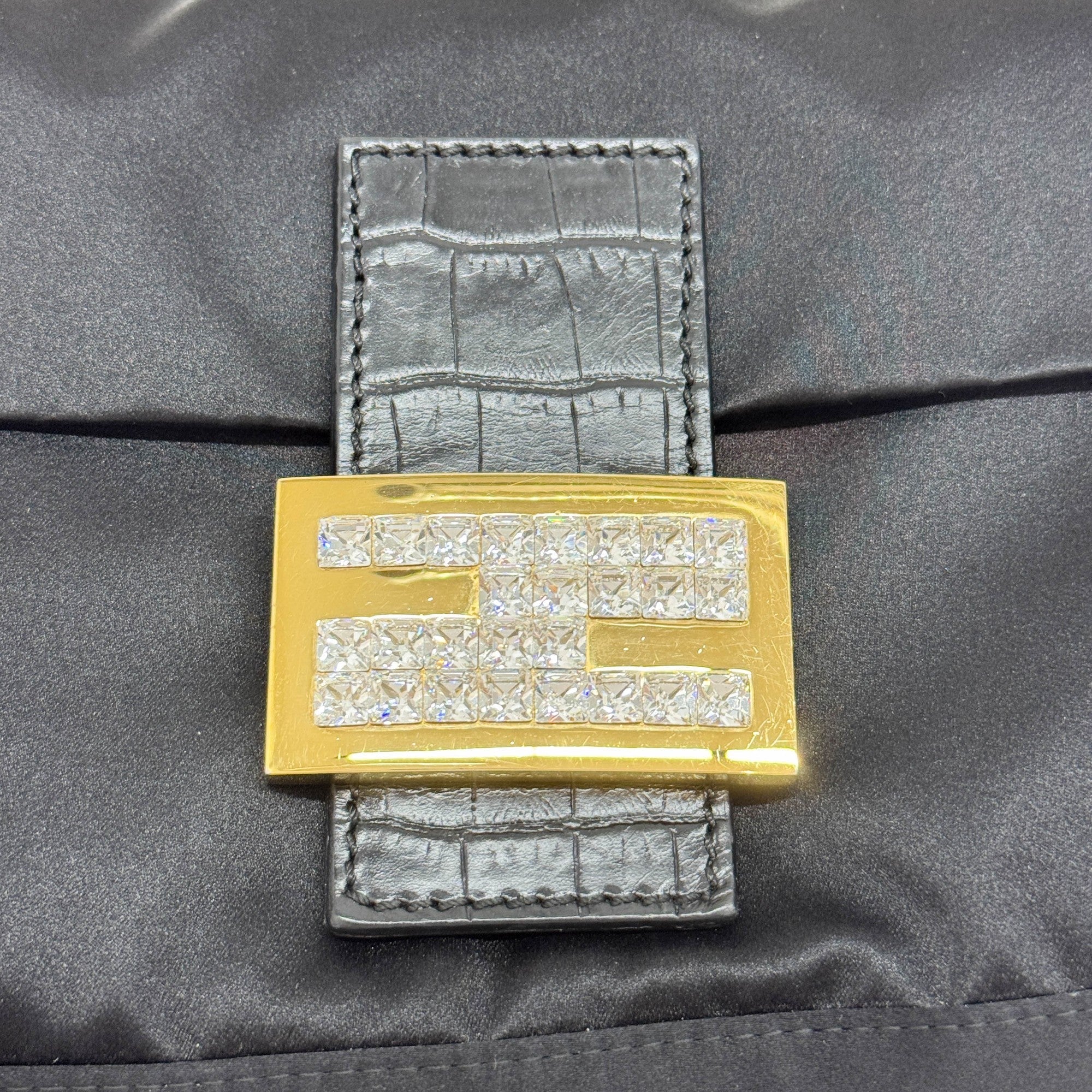 Baguette Rhinestone Buckle Black Satin Shoulder Bag