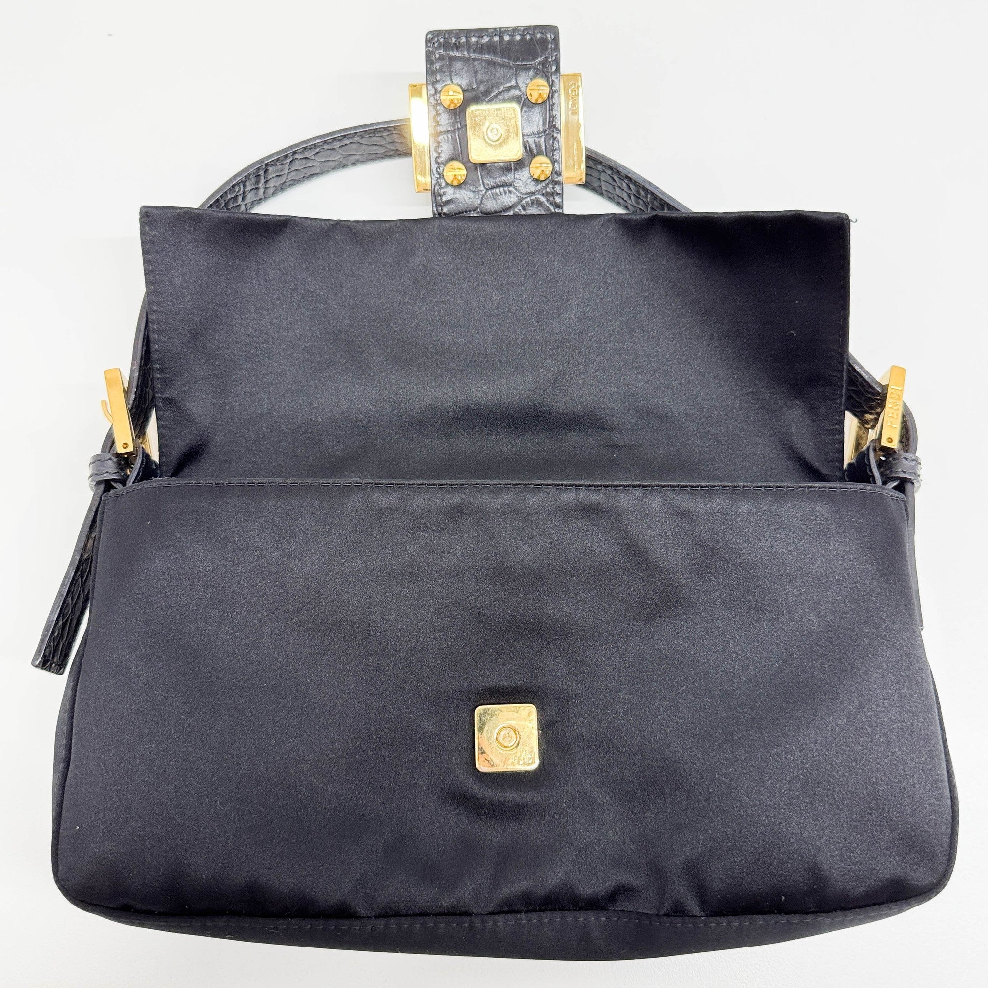 Baguette Rhinestone Buckle Black Satin Shoulder Bag