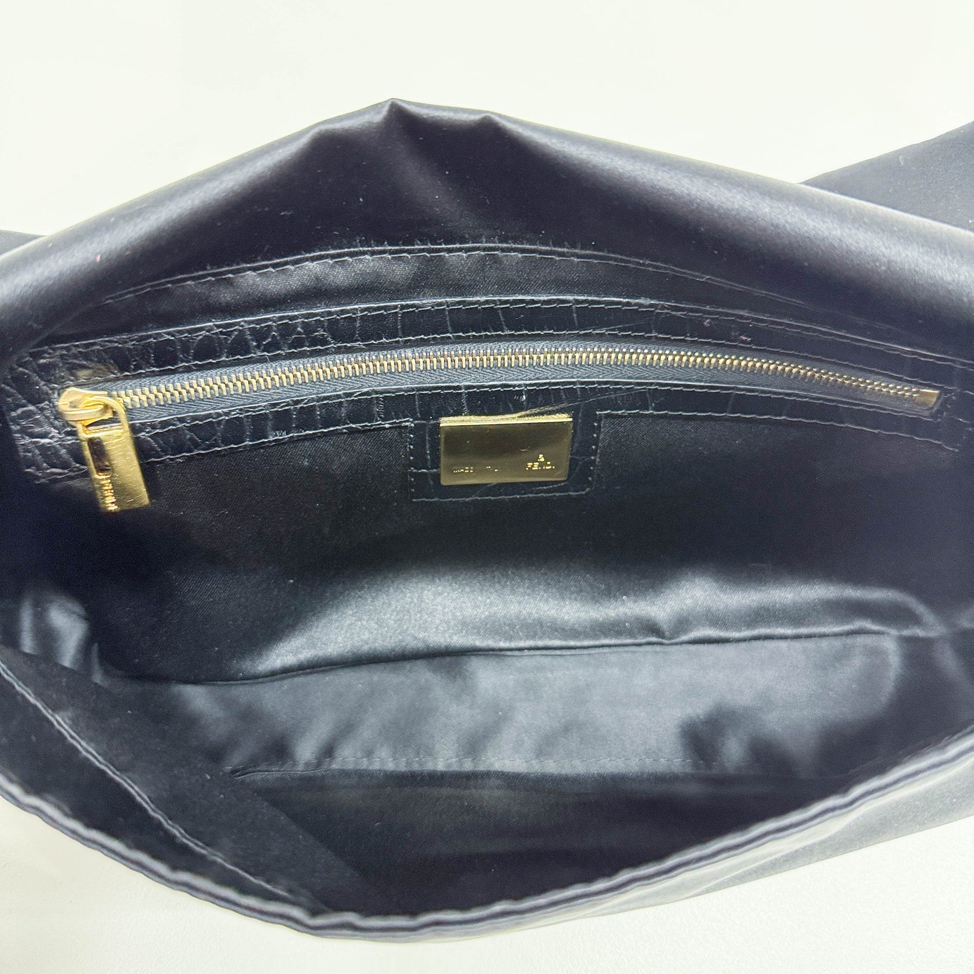 Baguette Rhinestone Buckle Black Satin Shoulder Bag