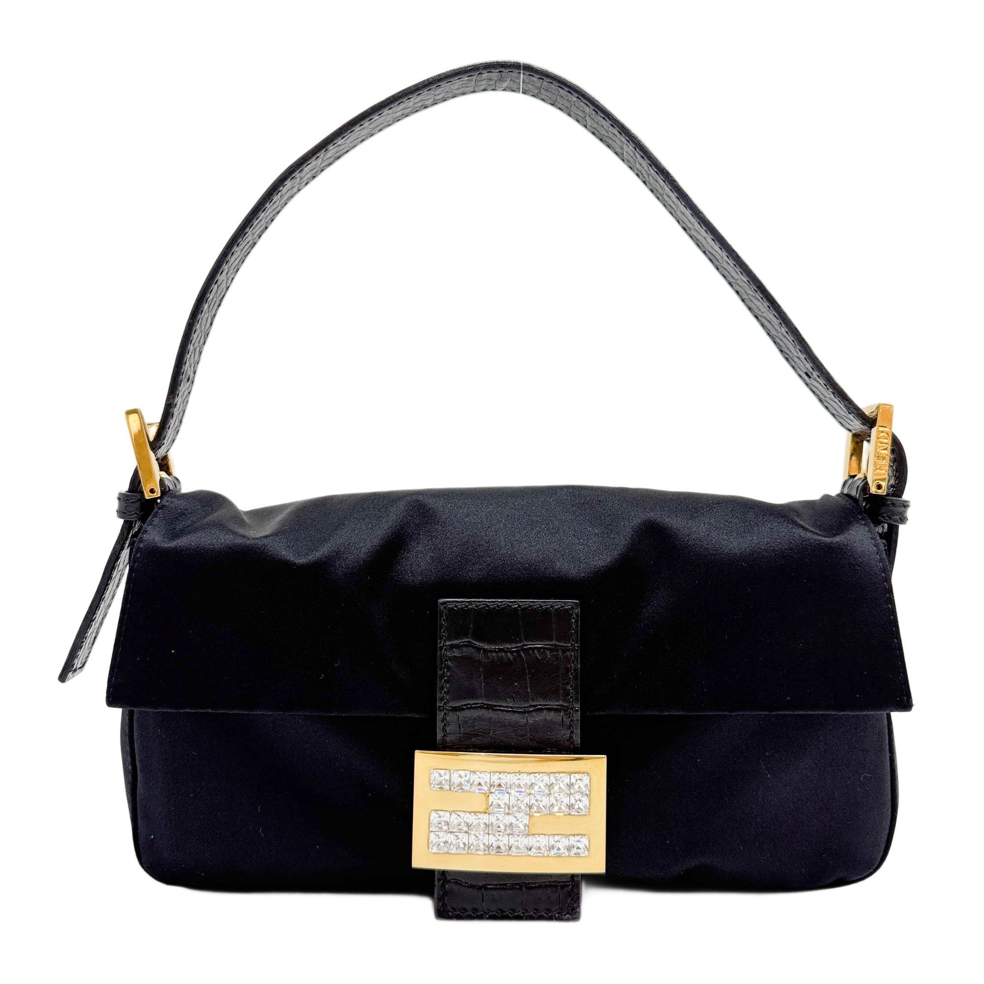 Baguette Rhinestone Buckle Black Satin Shoulder Bag